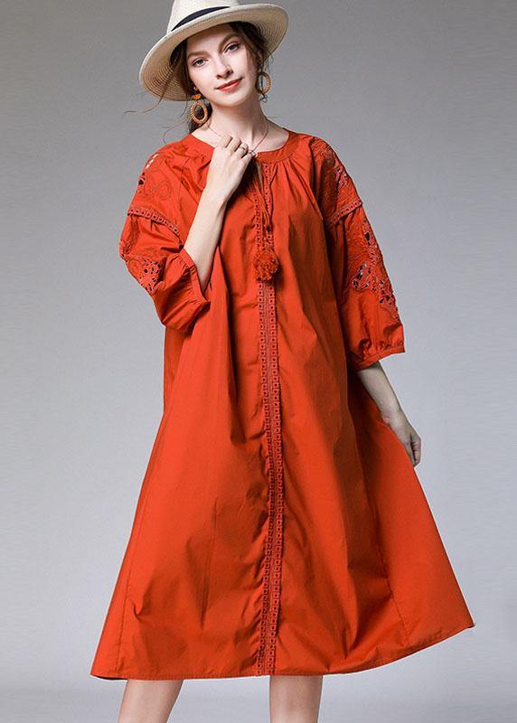 Simple Orange Three Quarter Sleeve Lace Spring Holiday Dress