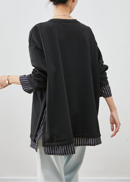 Black Oversized Patchwork Striped Cotton Sweatshirt Fall