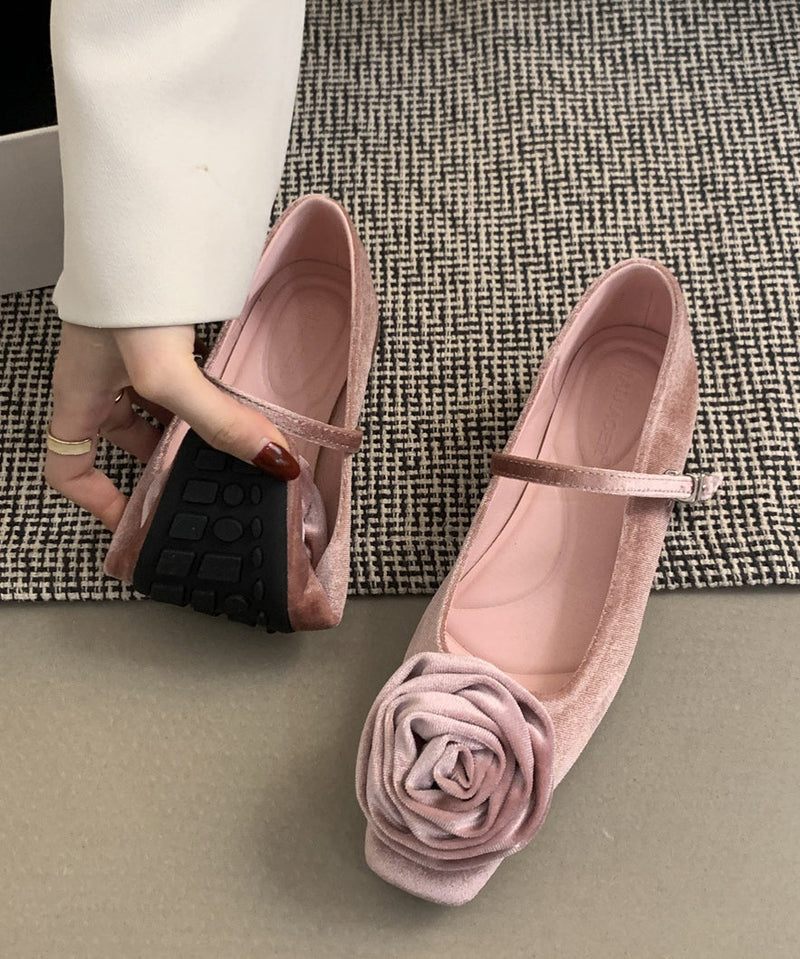 French Lace Up Splicing Flat Feet Shoes Pink Velour
