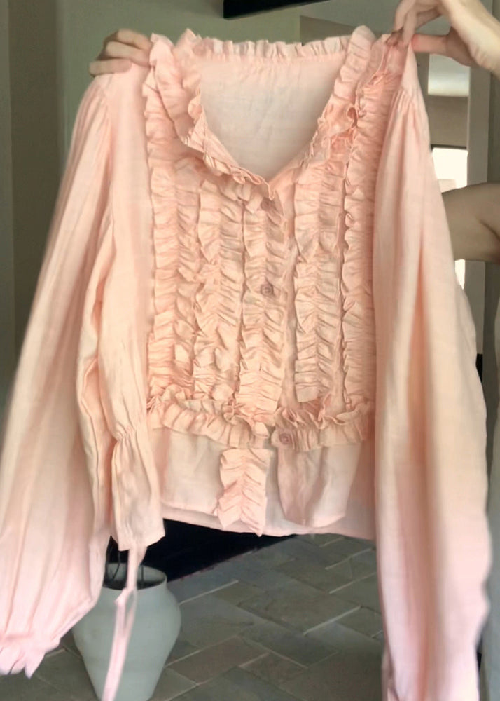 Pink O-neck Ruffled Chiffon Top Lantern Sleeve