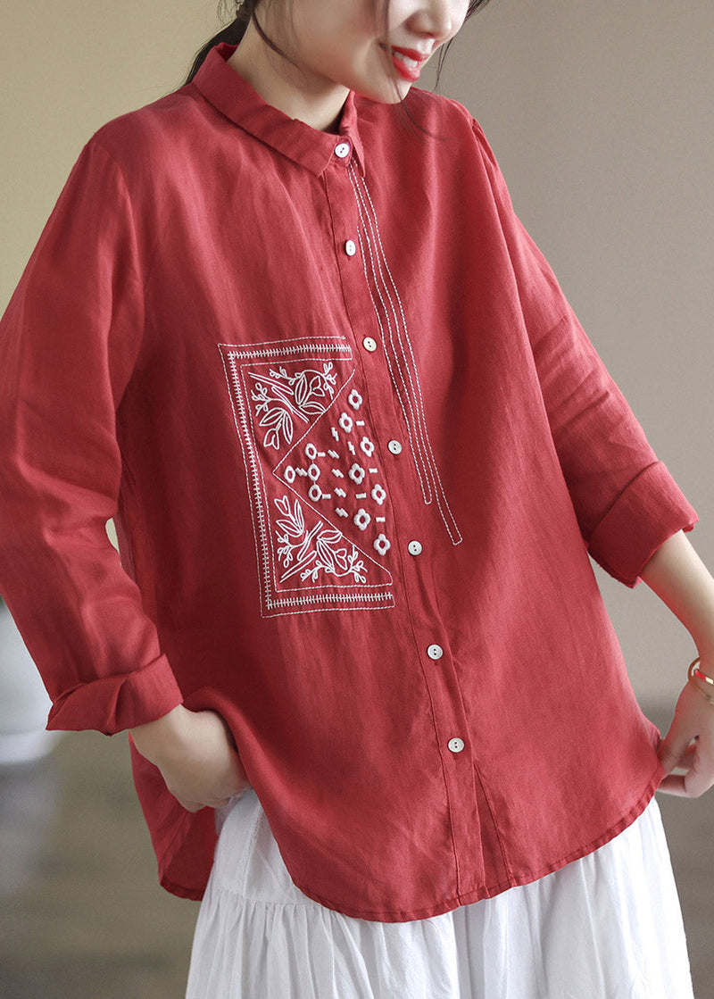 Purple Peter Pan Collar Embroideried Button Linen Shirt Long Sleeve