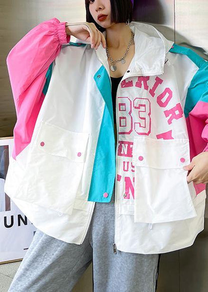 Art White Letter Patchwork Cotton Spring Hooded Coat