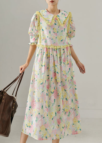 Modern Pink Ruffle Print Holiday Cotton Dress Puff Sleeve Summer