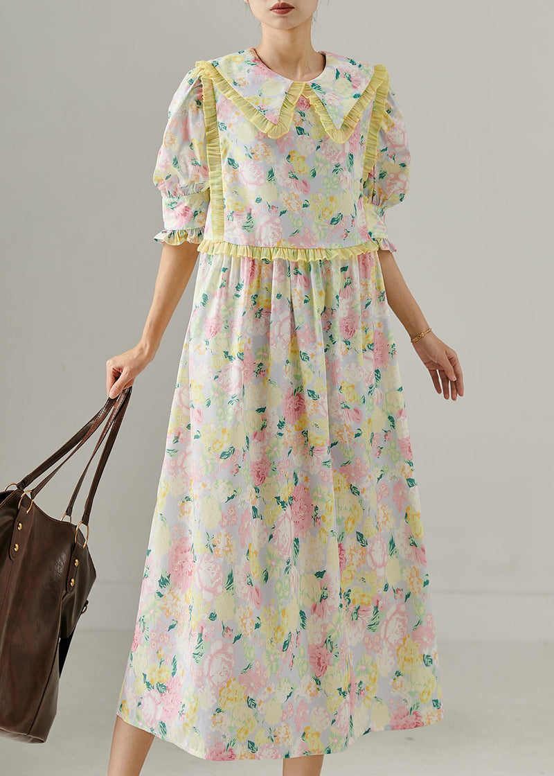 Modern Pink Ruffle Print Holiday Cotton Dress Puff Sleeve Summer