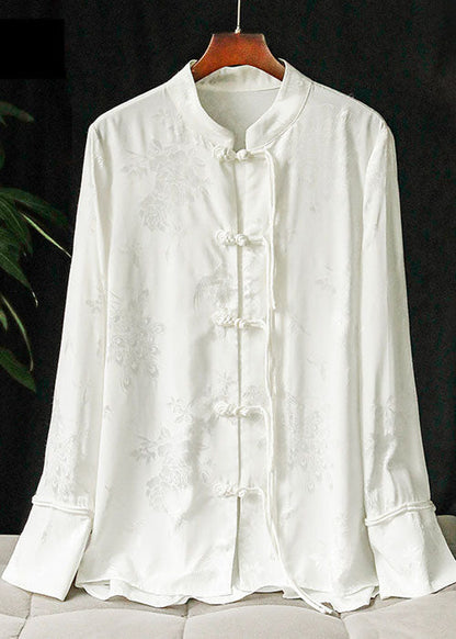 Yellow Mandarin Collar Jacquard Tassel Silk Shirt Top Long Sleeve