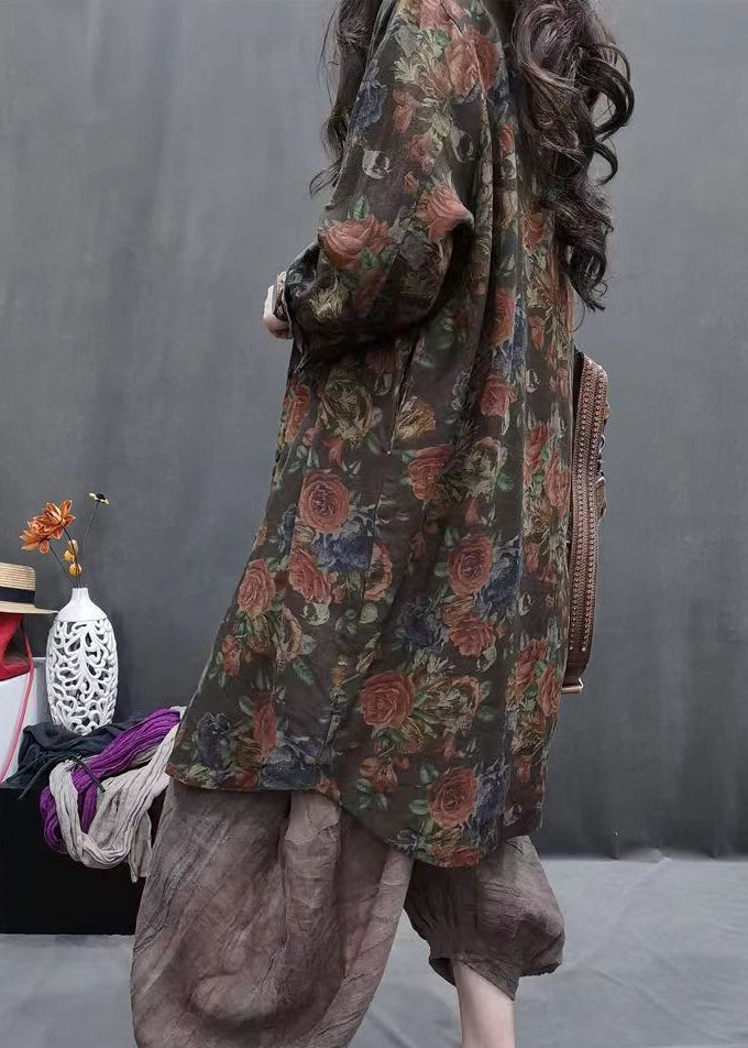 Coffee Peter Pan Collar Print Long Linen Shirts Long Sleeve