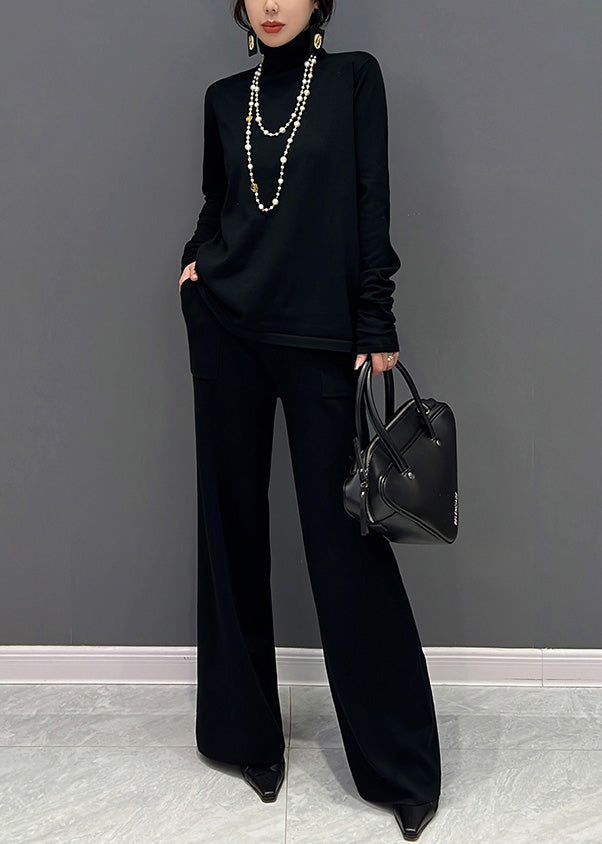 Black Turtleneck Knit Waistcoat and Pants Two Piece Set Winter