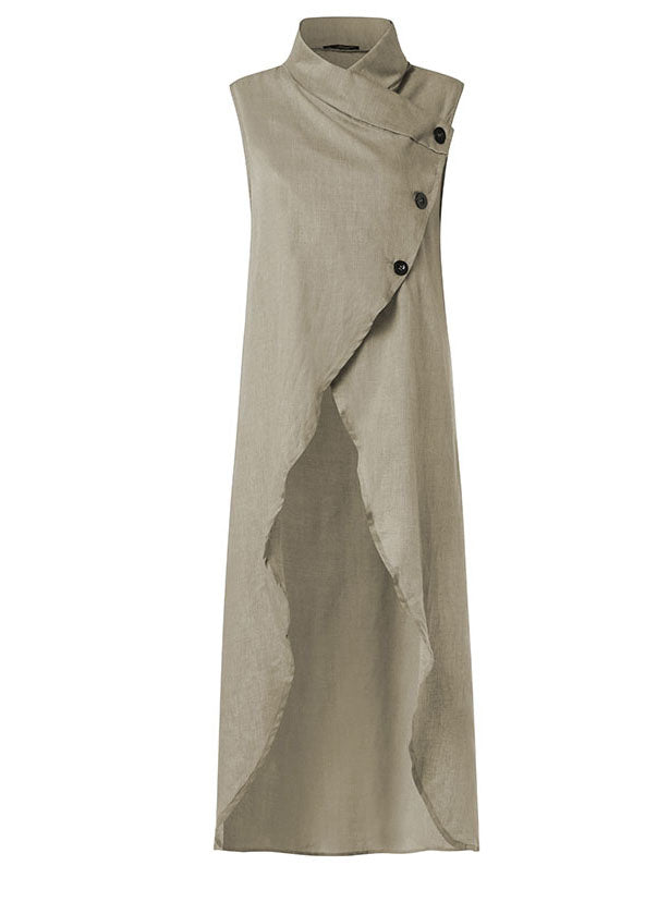 Khaki Cotton Top Asymmetrical Stand Collar Button Sleeveless