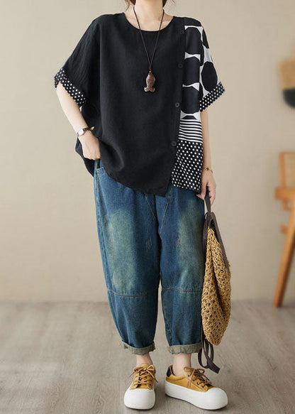 Black O Neck Print Patchwork Cotton T Shirt Tops Summer