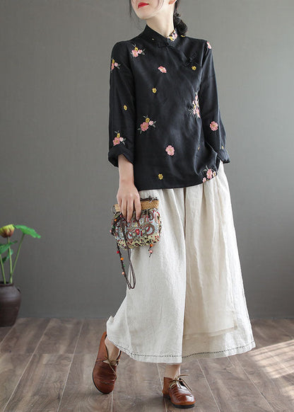 Black Stand Collar Embroideried Linen Shirt Long Sleeve