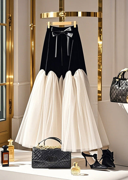 Black Bow High Waist Tulle Patchwork Silk Velvet Skirt Spring