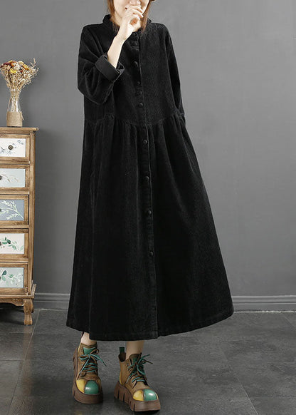 Coffee Square Collar Wrinkled Patchwork Corduroy Long Trench Coats Long Sleeve