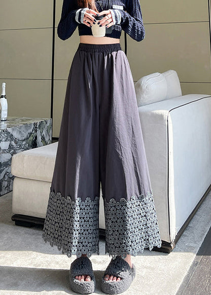 Grey Patchwork Cotton Wide Leg Pants Fall