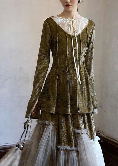 French Green Tulle Patchwork Tie Lace Silk Velvet Top and Maxi Skirts Two Piece Set Fall