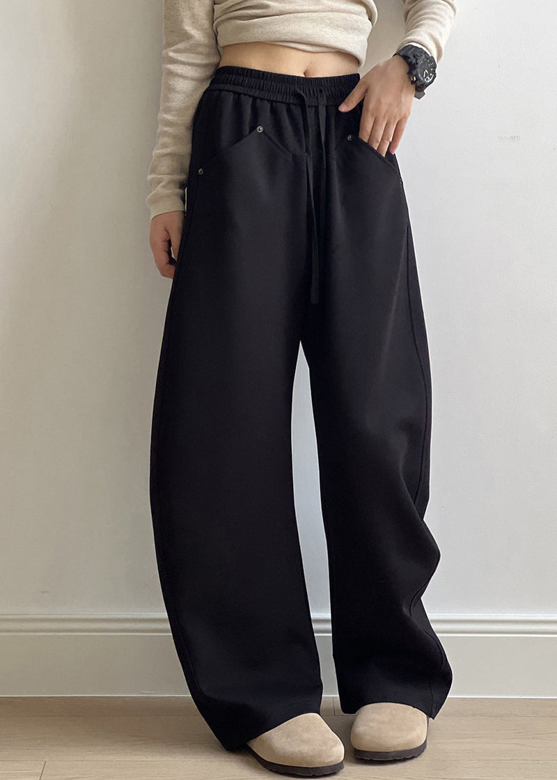Black Pockets Cotton Pants Drawstring Elastic Waist Fall
