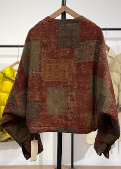 Orange Asymmetrical Pockets Print Cotton Filled Witner Coats