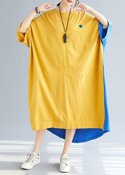 Style Yellow Patchwork Blue Summer Holiday Dress Half Sleeve