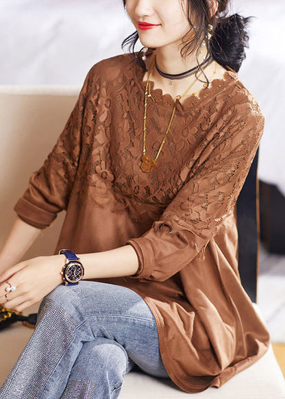 Coffee O Neck Lace Patchwork Top Long Sleeve