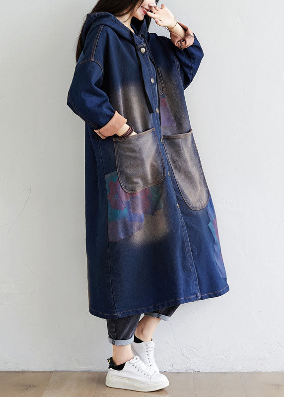 Simple Dark Blue Drawstring Hooded Pockets Print Denim Trench Coats Spring