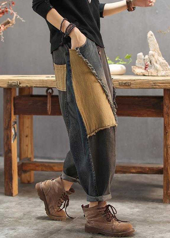 Colorblock Patchwork Elastic Waist Button Jeans