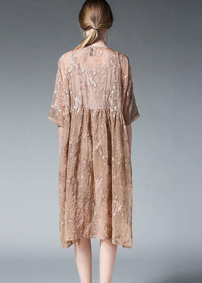 Loose Khaki O-neck Patchwork Summer Dress Half Sleeve