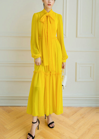 Stylish Yellow Lace Up Ruffled Patchwork Silk Long Dress Spring