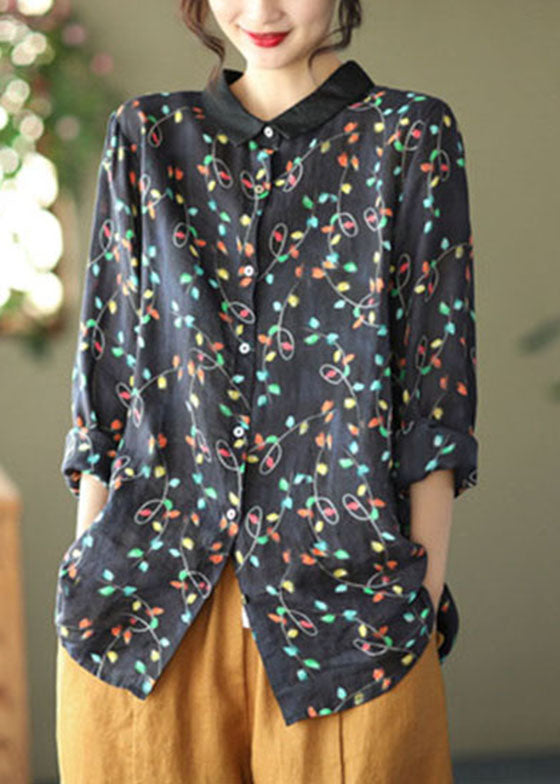 Black Ramie Loose Blouse Top Peter Pan Collar Long Sleeve