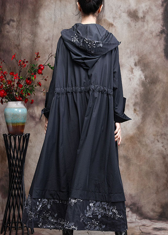 Black Hooded Patchwork Spring Trench Coats