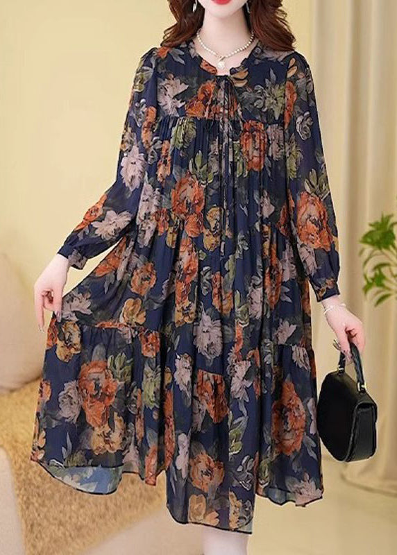 New Navy Print Wrinkled Cotton Long Dresses Long Sleeve Fall