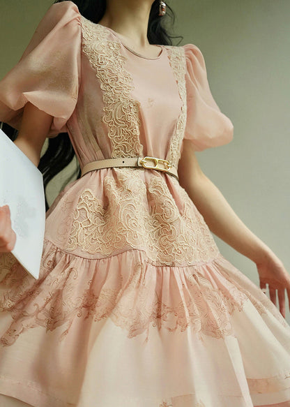 Pink O-neck Embroidered Mid Dresses Summer