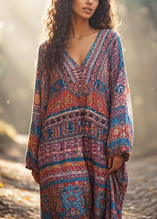 V Neck Print Cotton Ankle Dress Spring