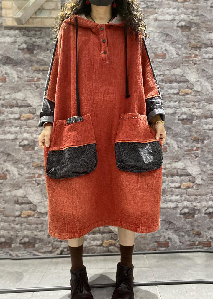 Orange Hooded Pockets Denim Long Dress Fall