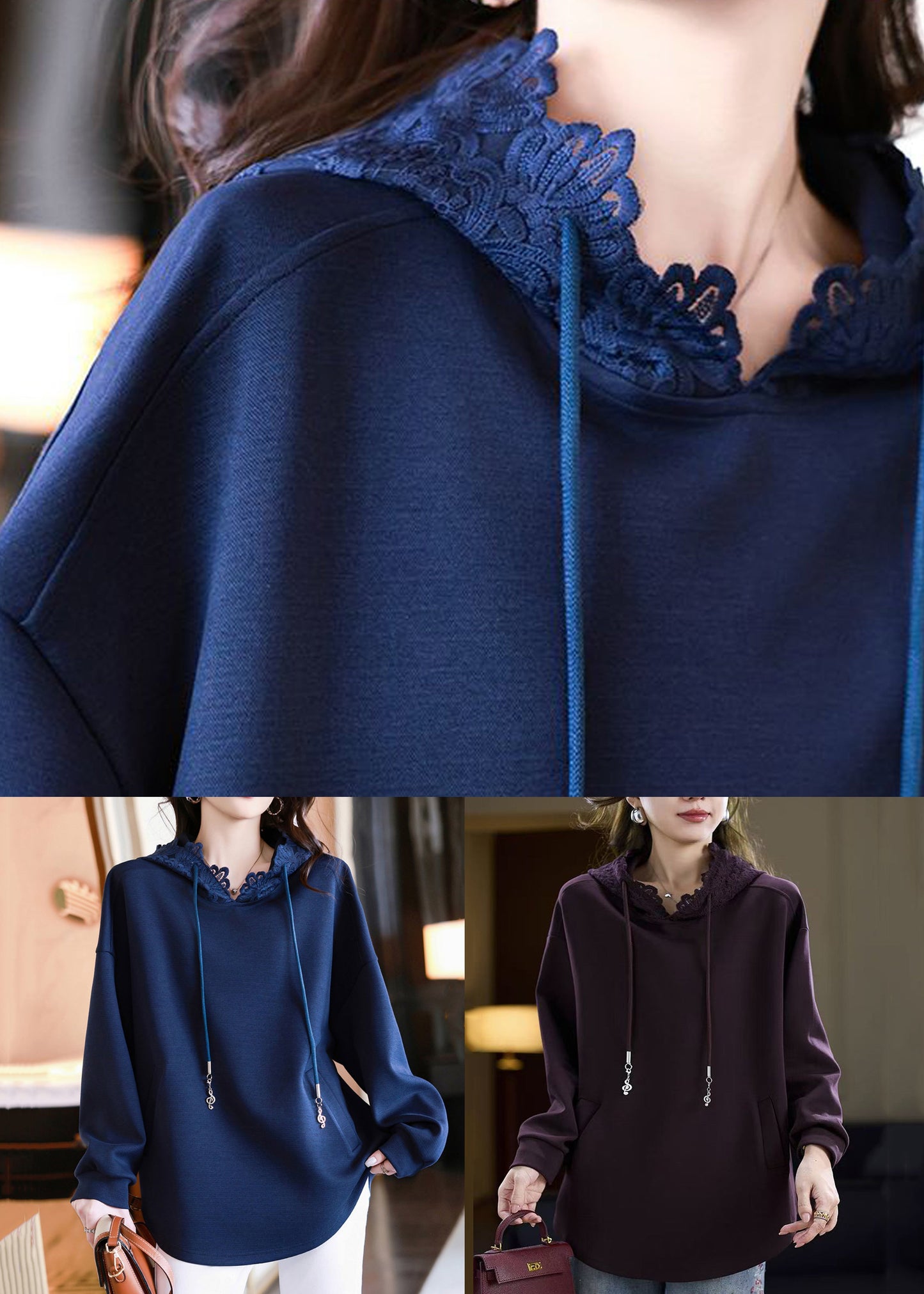 Purple Pockets Cotton Fall Sweatshirts Hooded