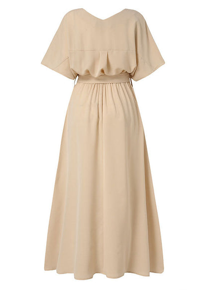 Unique Light Yellow V Neck Exra Large Hem Cotton Maxi Dresses Summer