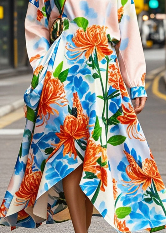 Apricot Print Asymmetrical Design Silk Oriental Dresses Fall