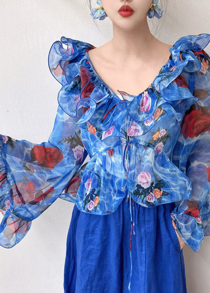 Blue Ruffled Patchwork Print Chiffon Shirt Flare Sleeve