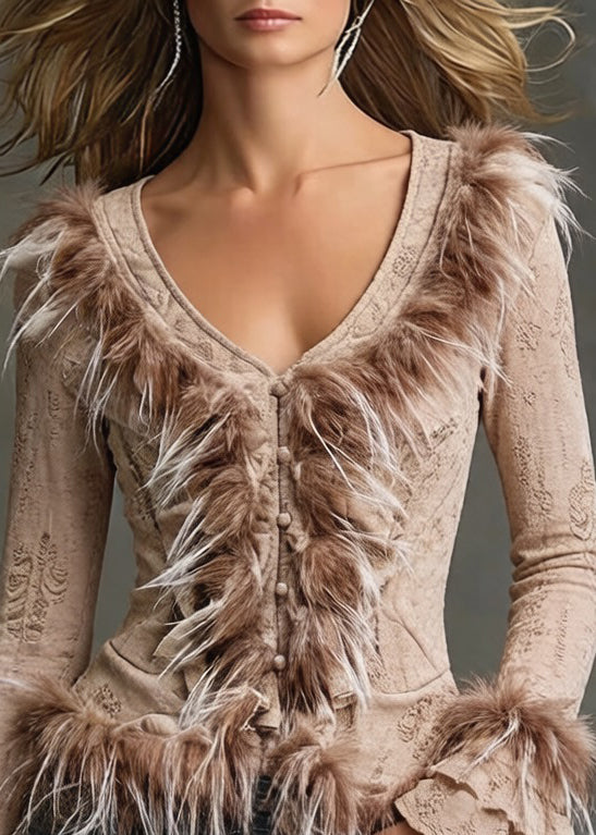 Khaki Button Fluffy Patchwork Cotton Blouses Hole