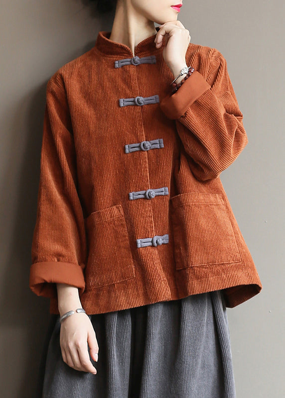 Black Stand Collar Oriental Button Corduroy Coat Spring