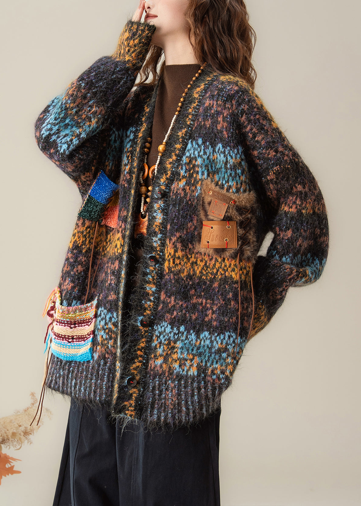 Gradient Color V Neck Button Patchwork Knit Coat Spring