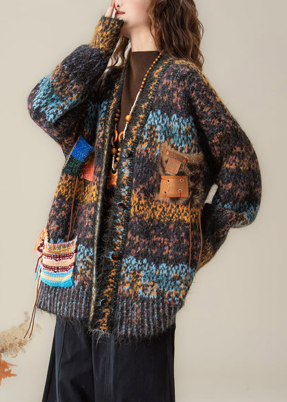 Gradient Color V Neck Button Patchwork Knit Coat Spring