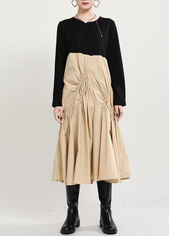 Loose Black Patchwork Khaki Wrinkled Fall Maxi Dress Long Sleeve