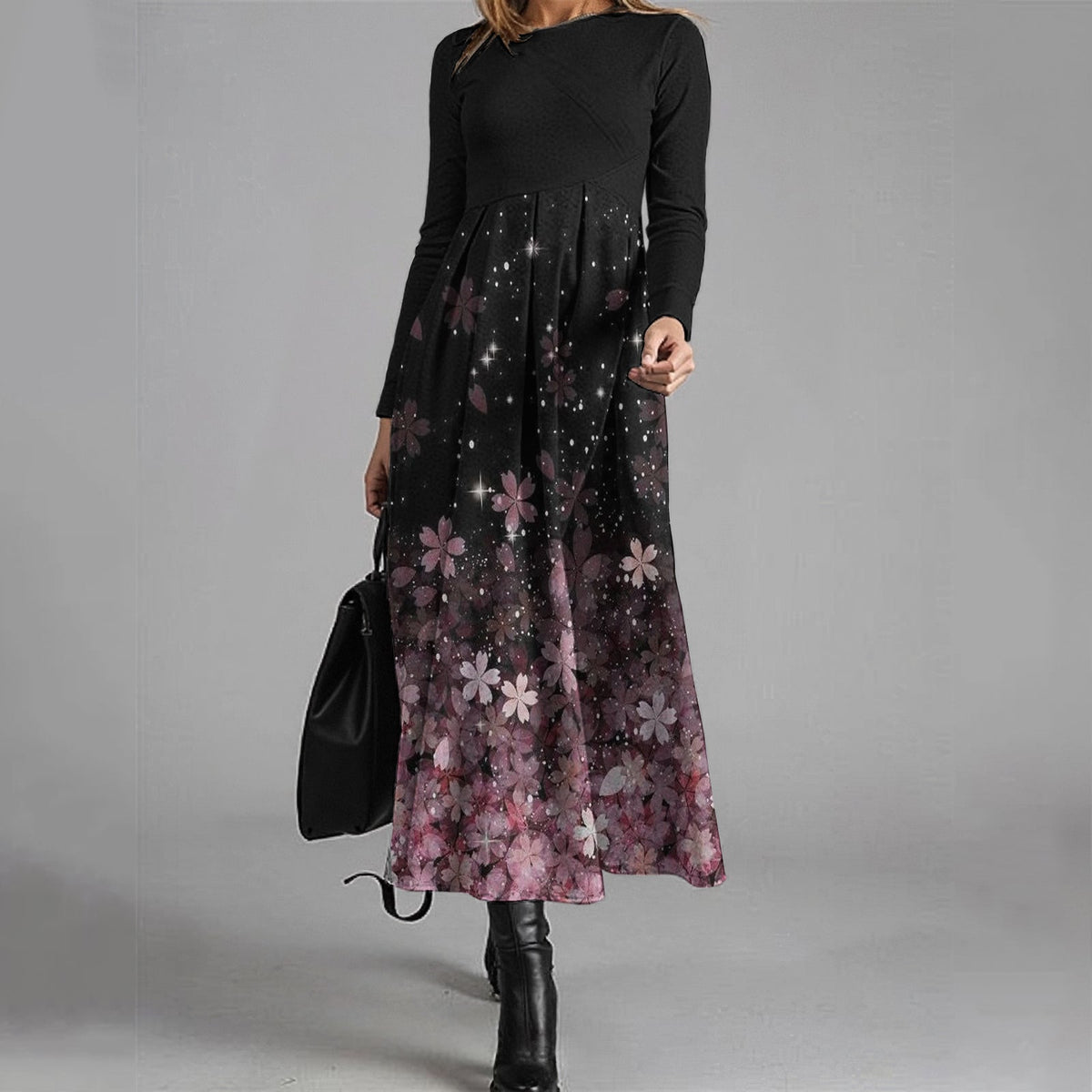 Casual Gradient Cherry Blossom Contrast Wool Midi Dress elevenforest