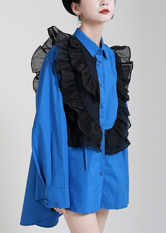 Stylish Blue Button Patchwork Asymmetrical Design Fall Long Sleeve Blouses