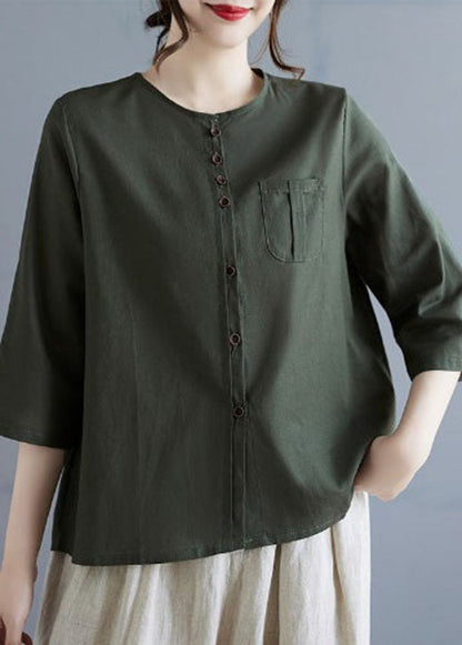 Linen Color O Neck Button Cotton Top Bracelet Sleeve