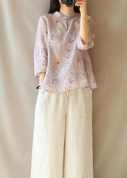 Light Purple Butterfly Printing Top Silhouette Stand Collar Midi Top