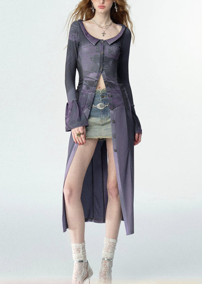 Slim Fit Purple Peter Pan Collar Print Button Maxi Shirts Fall