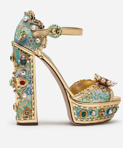 Red Zircon Nail Bead Embroidered Platform Heels Sandals