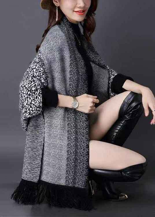 Grey V Neck Tasseled Patchwork Knit Cardigans Fall