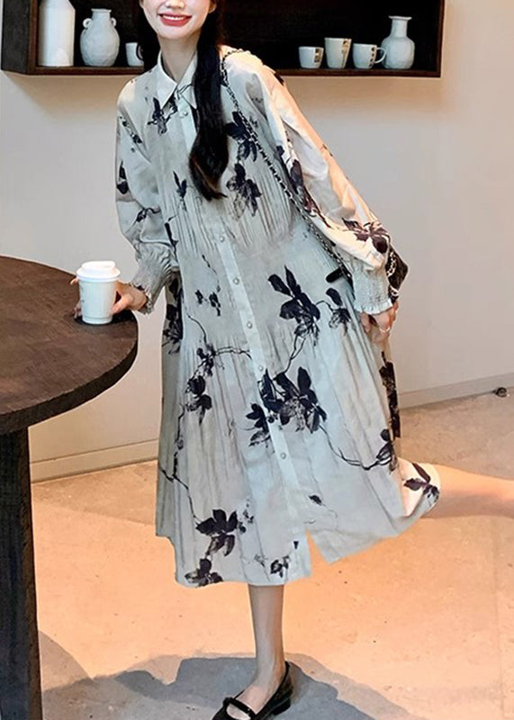 Chinese Style Wrinkled Print Button Collar Long Dresses Lantern Sleeve Spring