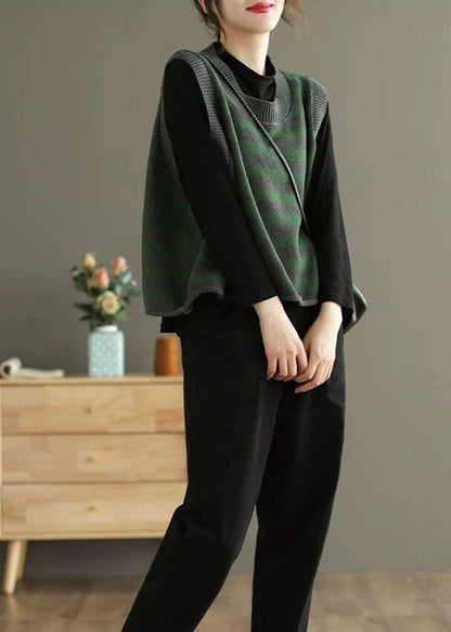 Grey O-neck Striped Knit Vest Spring